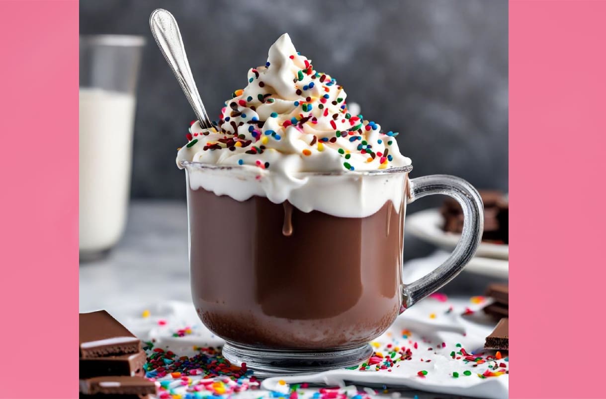 A cup of hot chocolate with whipped cream and sprinkles.